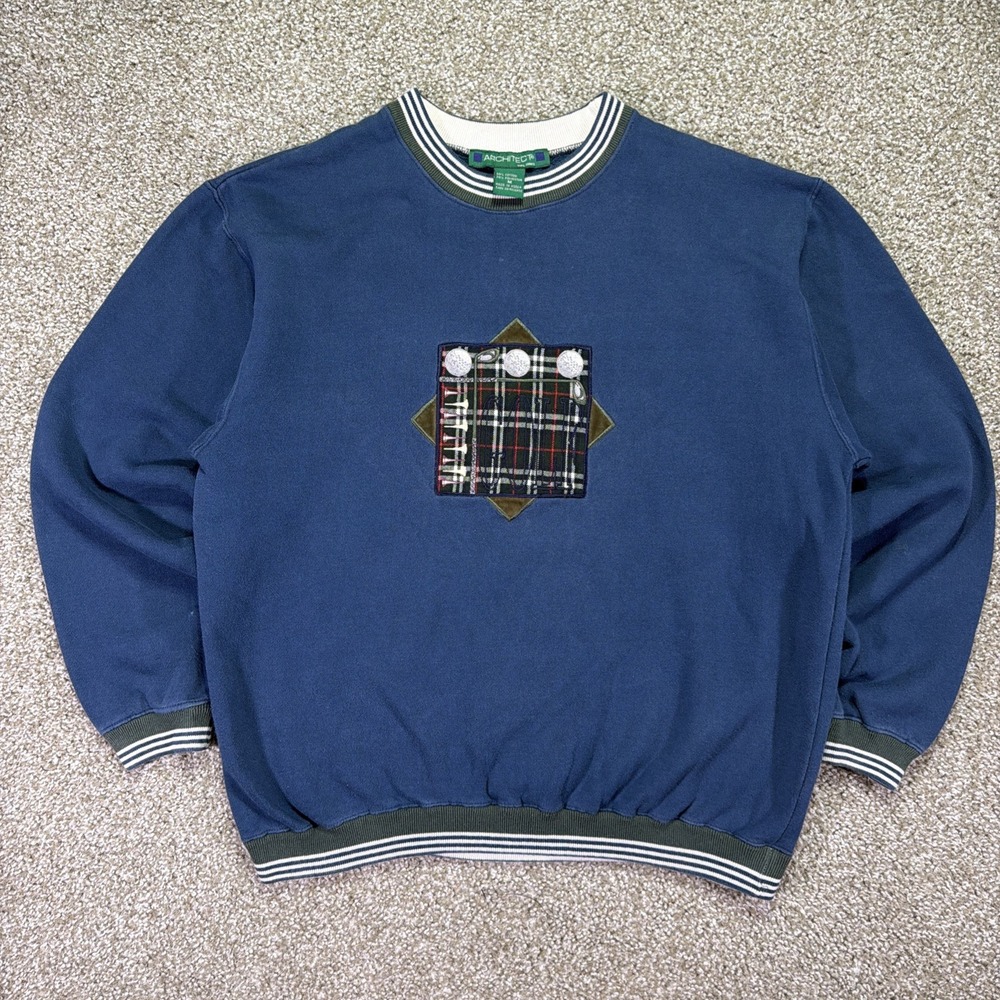 Vintage Navy Blue Golf Spellout Sweatshirt Size Medium Architect Striped Grandpa